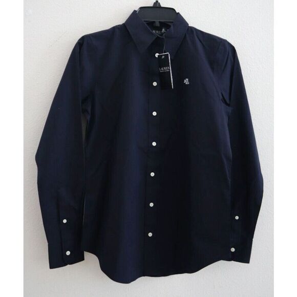 Lauren Ralph Lauren Women's Sz XS Navy Non-Iron Straight-Fit L/S Shirt - Picture 1 of 11